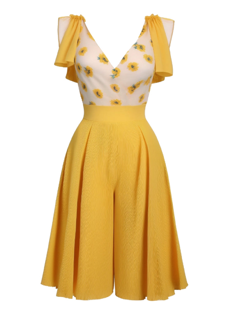 [Pre-sale] Yellow 1940s V-Neck Sunflower Patchwork Jumpsuit