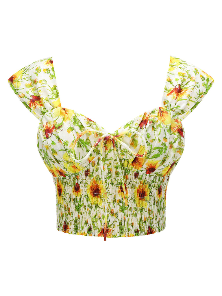 Yellow Sunflower Sweetheart Collar Crop Top