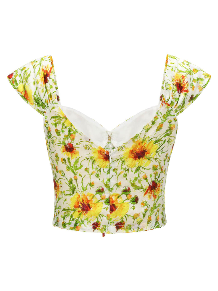 Yellow Sunflower Sweetheart Collar Crop Top