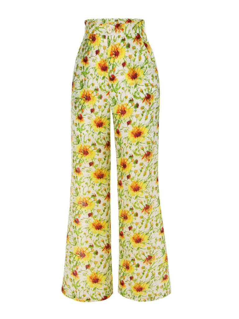 Yellow 1950s Sunflower Jacquard Pants