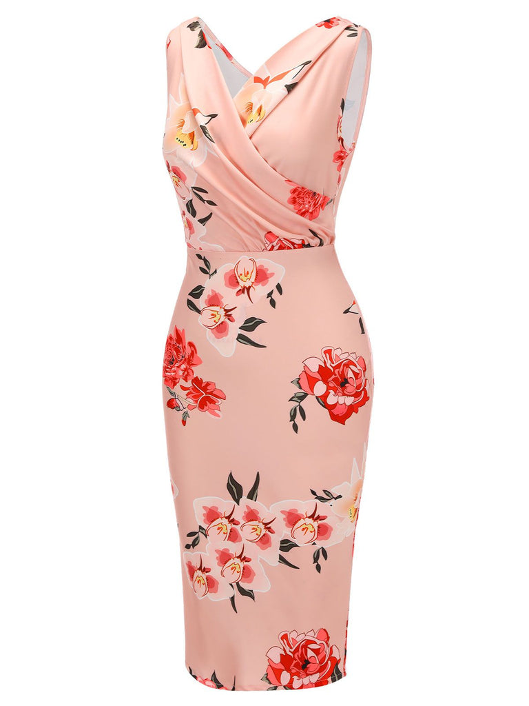 [Pre-sale] Pink 1950s V-neck Wrap Floral Pencil Dress