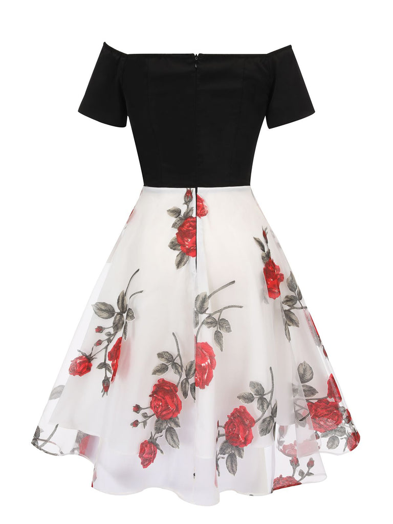 [Pre-Sale] Black 1950s Rose Off-Shoulder Swing Dress