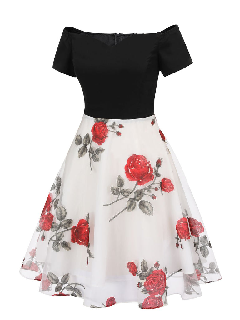 [Pre-Sale] Black 1950s Rose Off-Shoulder Swing Dress