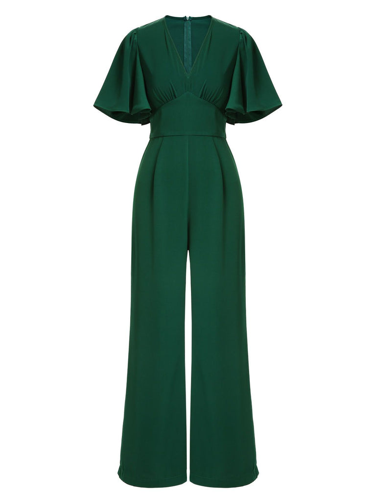 Green 1930s Solid V-Neck Jumpsuit