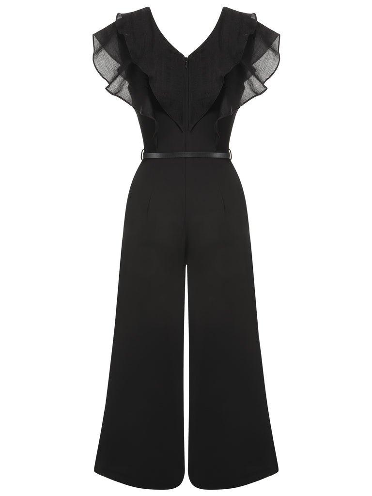 Black 1930s Muslin Patchwork Belted Jumpsuit