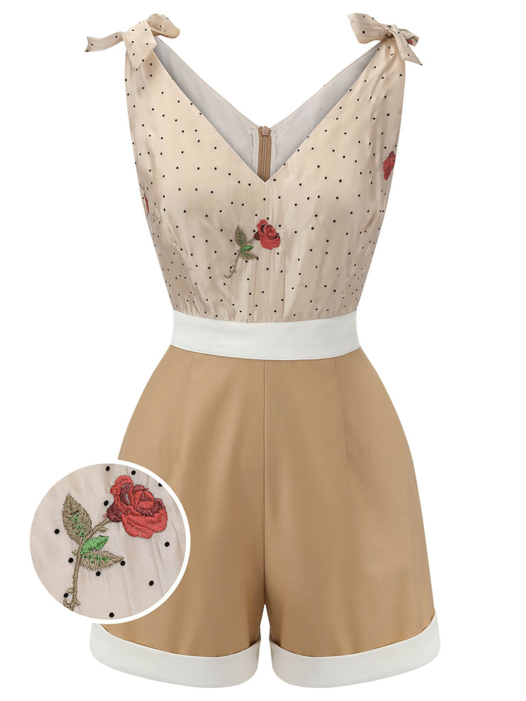 [Pre-Sale] Khaki 1950s Embroidered Rose V-Neck Romper