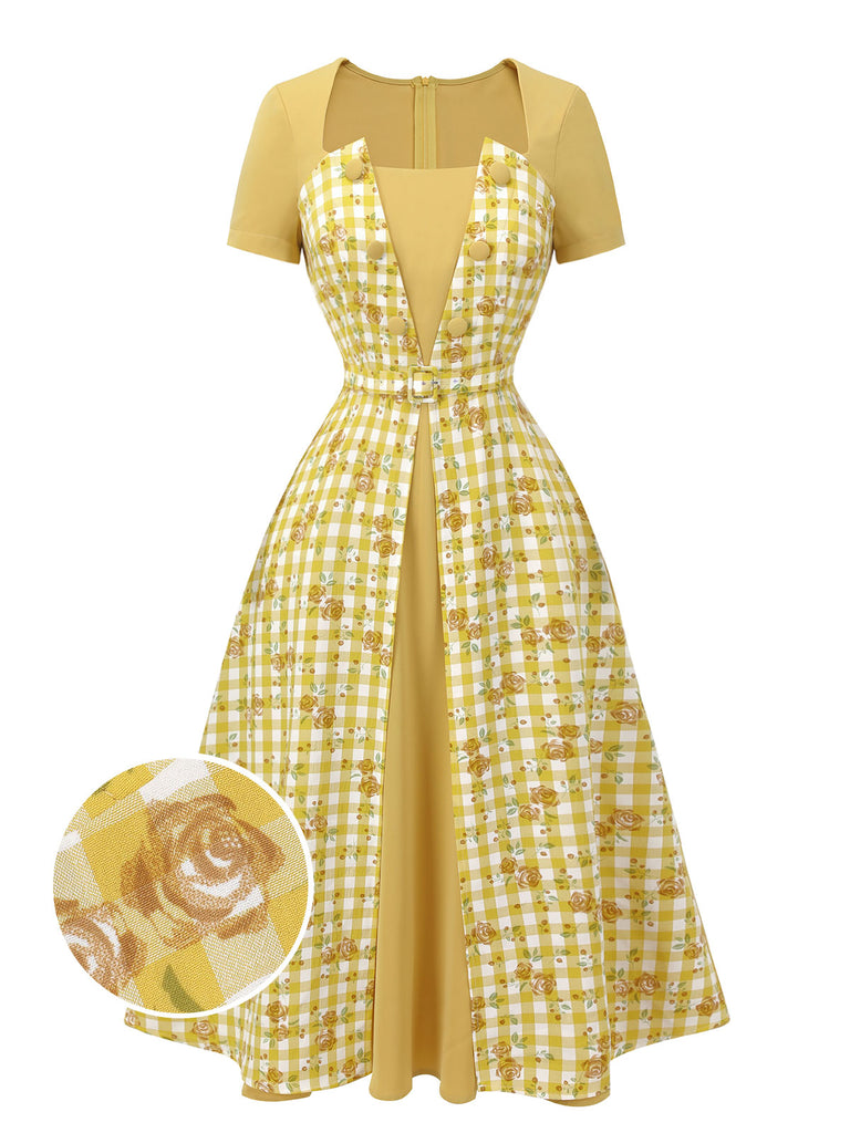 [Pre-Sale] Yellow 1950s Plaid Rose Panel Raglan Dress