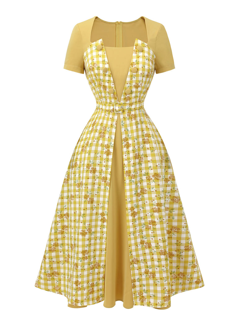 [Pre-Sale] Yellow 1950s Plaid Rose Panel Raglan Dress