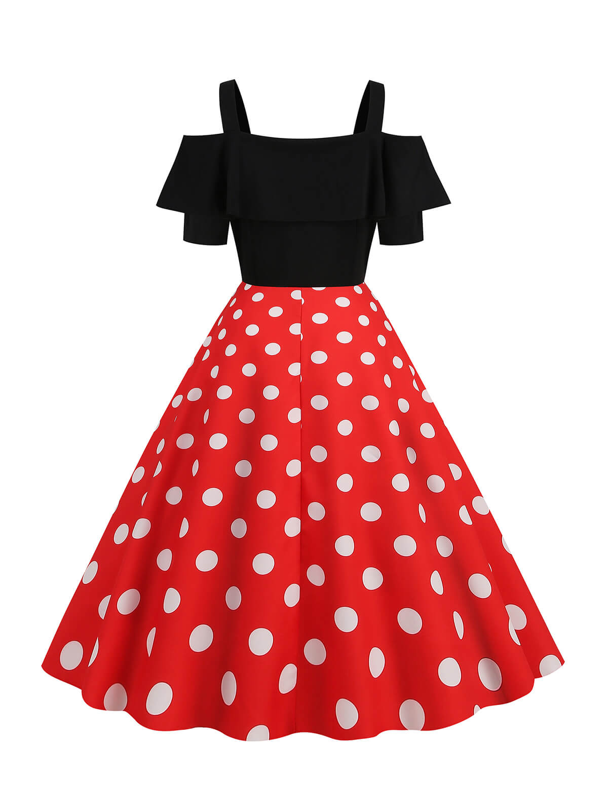 1950s Black Patchwork Polka Dot Strap Dress