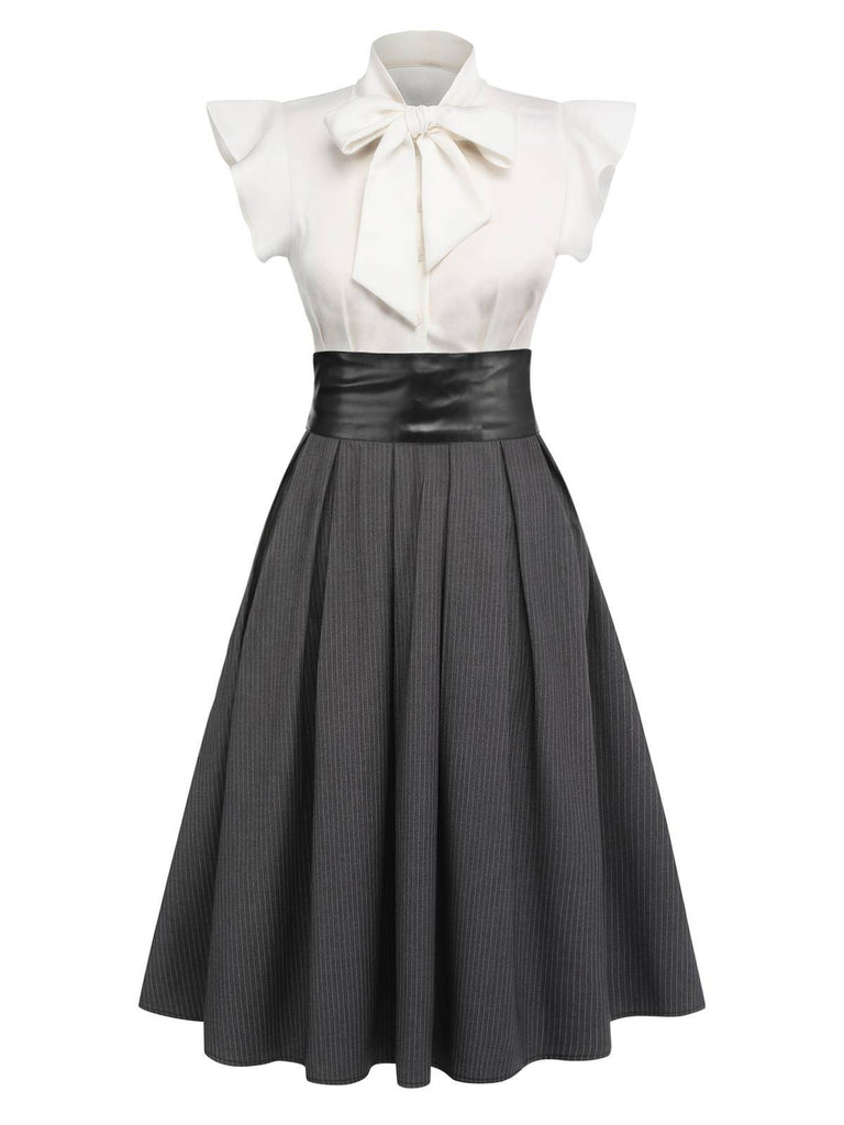 [US Warehouse] White & Gray 1950s Lace-Up Swing Dress