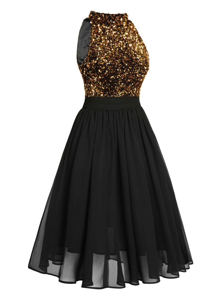 [US Warehouse] Black 1950s Gold Glitter Patchwork Dress