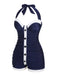 [Pre-sale] [Plus Size] Navy Blue 1950s Pleated Halter Swimsuit