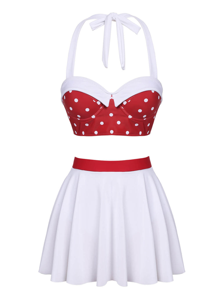 [Pre-Sale] White & Red 1950s Polka Dots Patchwork Swimsuit