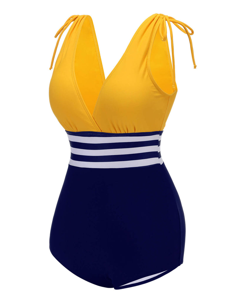 [Pre-Sale] Yellow & Blue 1950s Striped Lace-Up Swimsuit