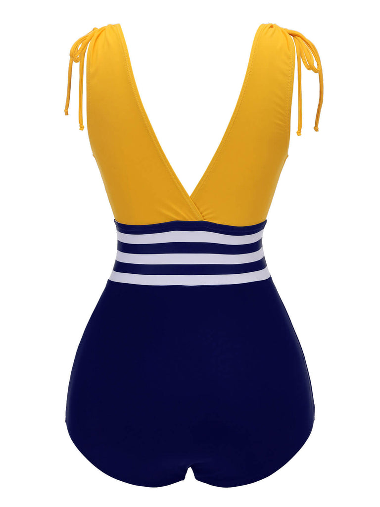 [Pre-Sale] Yellow & Blue 1950s Striped Lace-Up Swimsuit