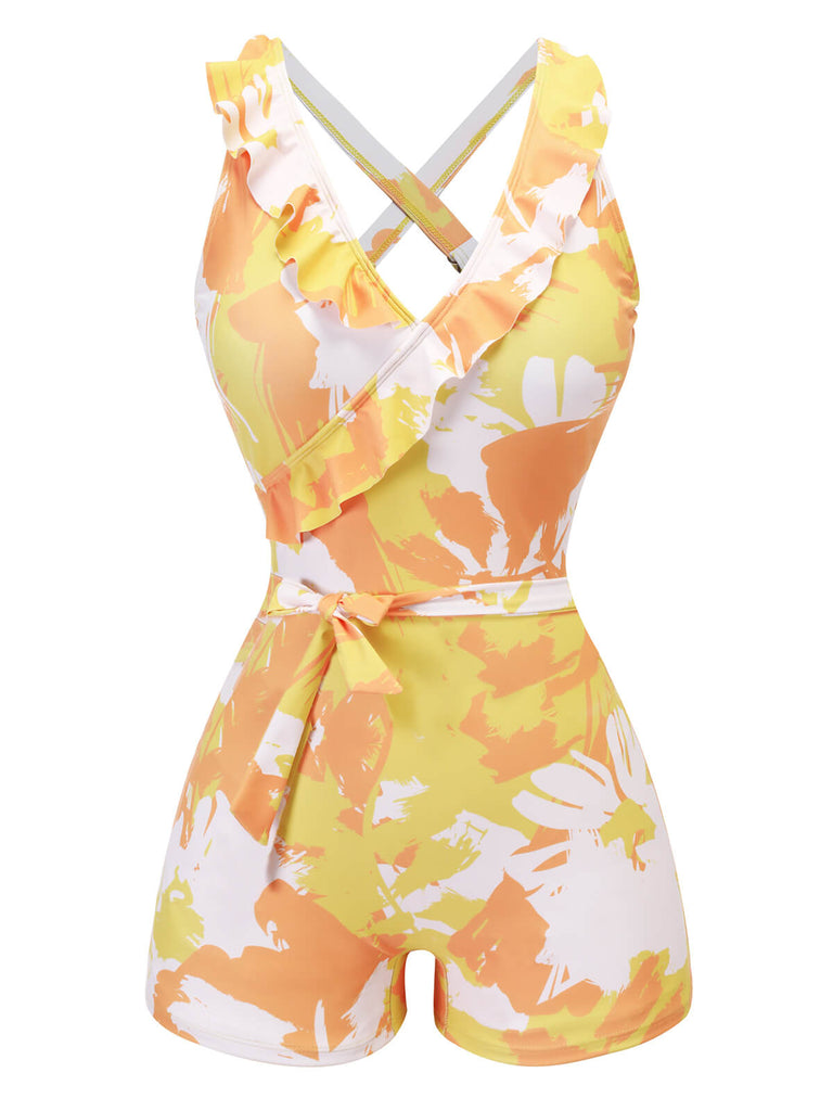 [Pre-Sale] Yellow 1940s Painting Plants Lace-Up Swimsuit