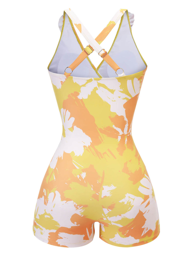 [Pre-Sale] Yellow 1940s Painting Plants Lace-Up Swimsuit