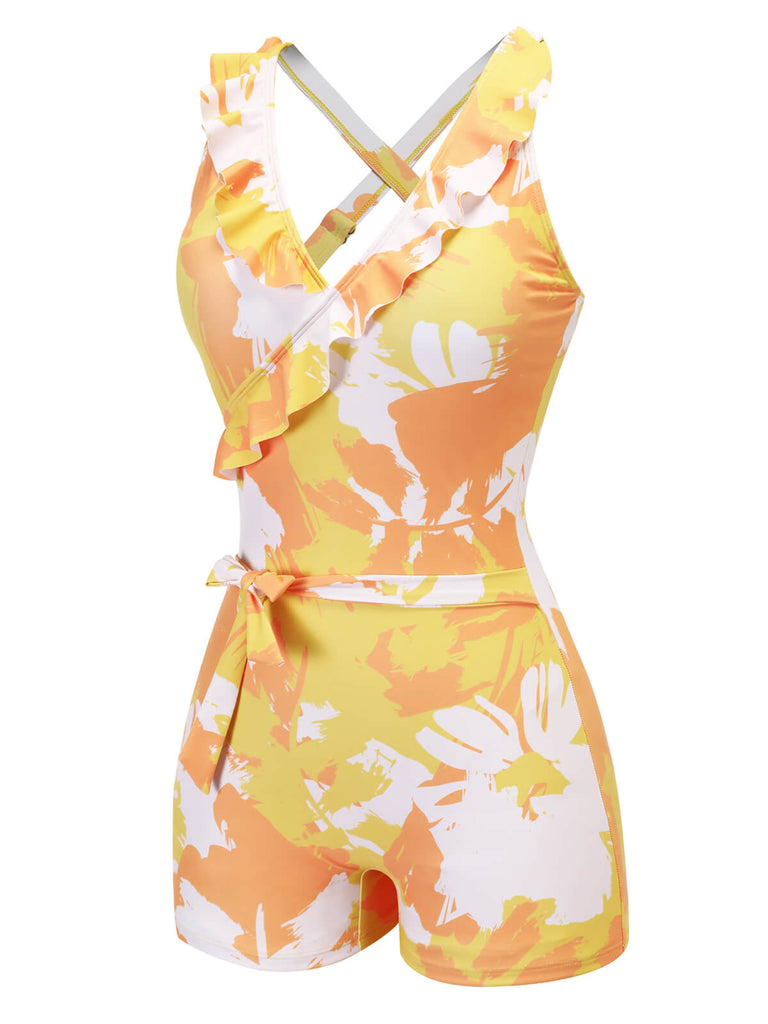 [Pre-Sale] Yellow 1940s Painting Plants Lace-Up Swimsuit