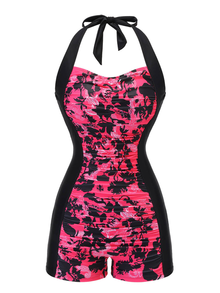 [Pre-Sale] Black & Pink 1950s Floral Halter Swimsuit