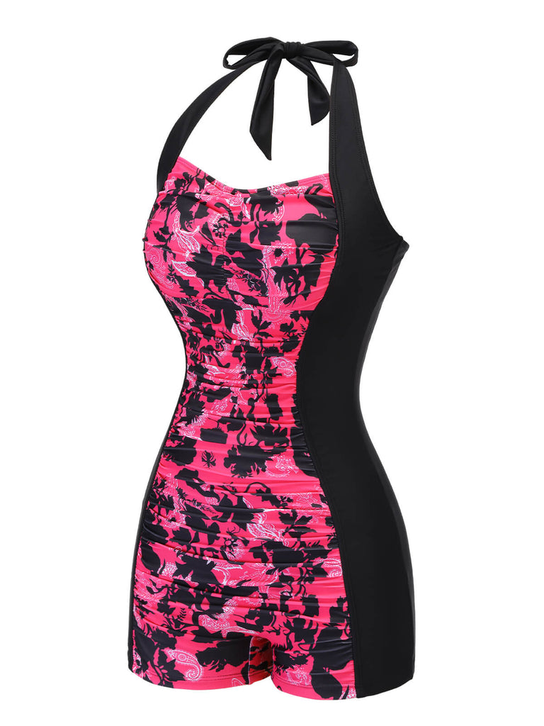 [Pre-Sale] Black & Pink 1950s Floral Halter Swimsuit