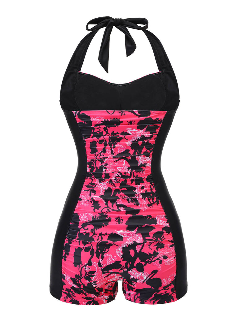 [Pre-Sale] Black & Pink 1950s Floral Halter Swimsuit