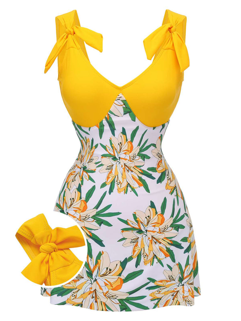 [Pre-Sale] Yellow 1940s Floral Patchwork One-Piece Swimsuit