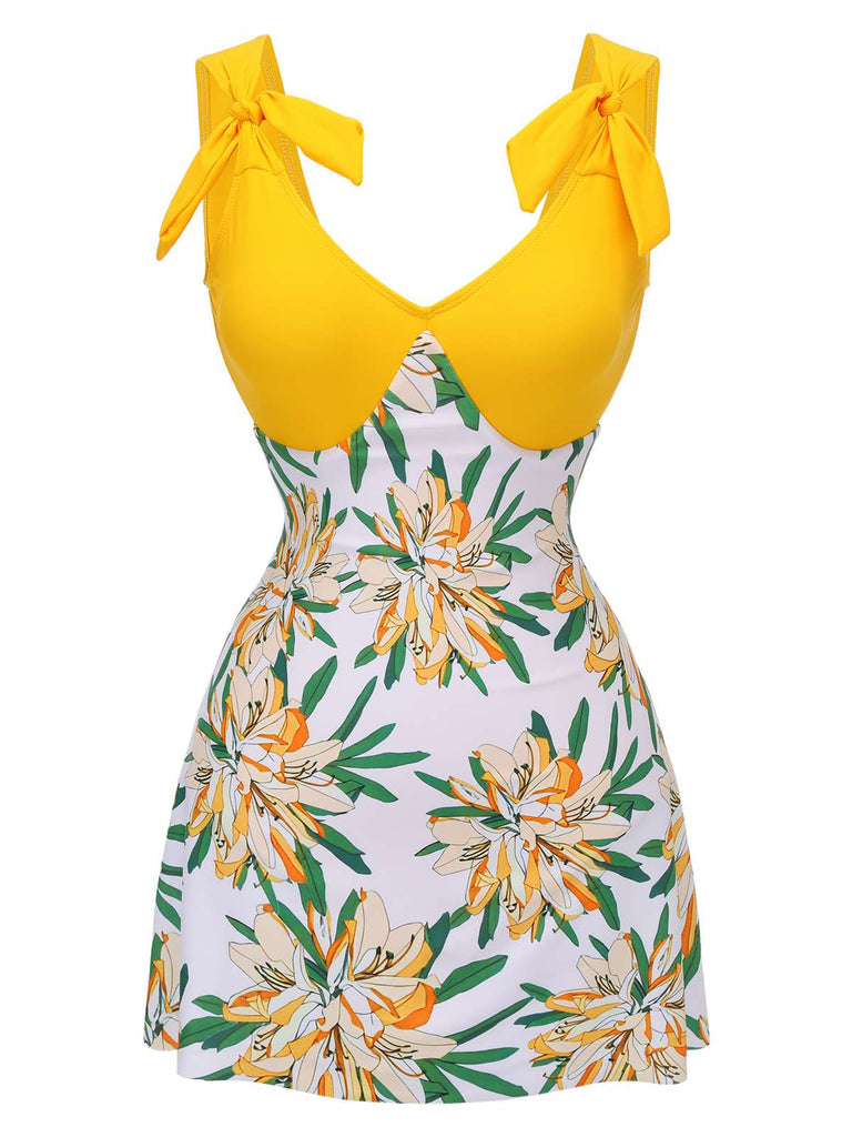 [Pre-Sale] Yellow 1940s Floral Patchwork One-Piece Swimsuit