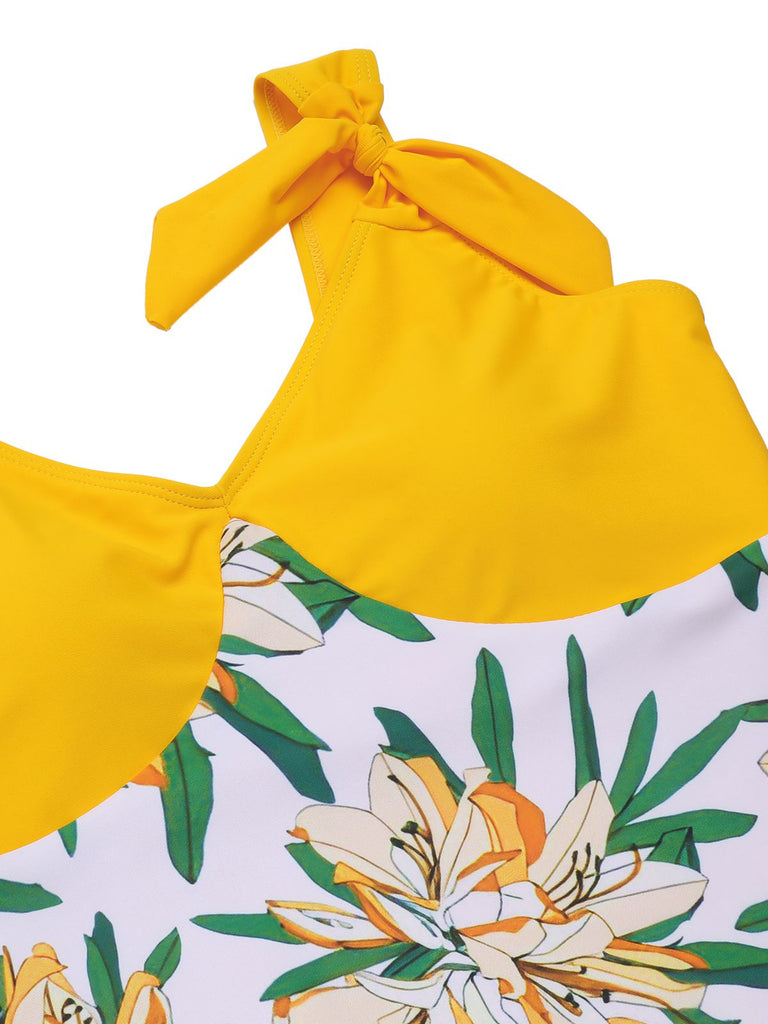 [Pre-Sale] Yellow 1940s Floral Patchwork One-Piece Swimsuit