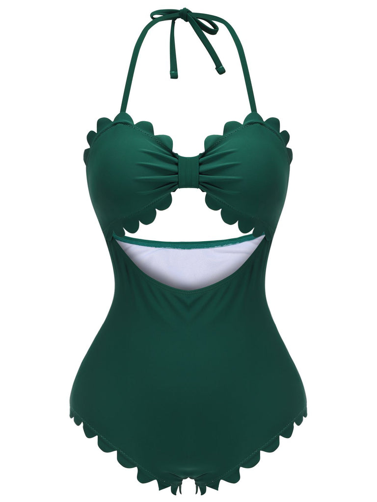 [Pre-sale] Dark Green 1940s Solid Halter One-piece Swimsuit