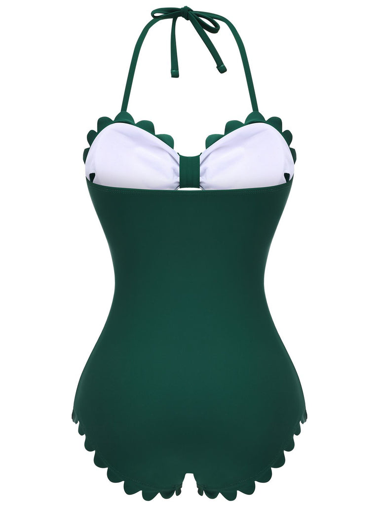 Dark Green 1940s Solid Halter One-piece Swimsuit