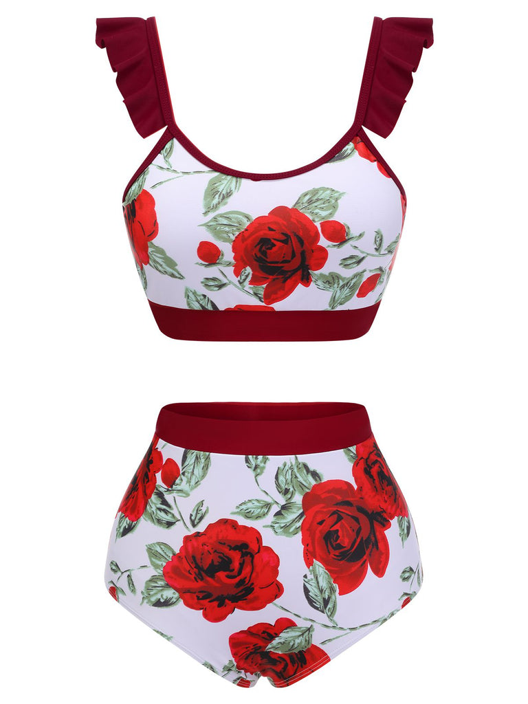 [Pre-Sale] Red 1940s Floral Ruffles Swimsuit