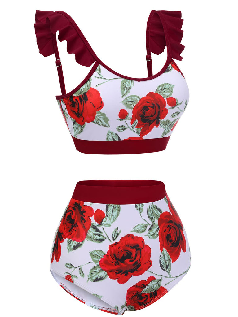 [Pre-Sale] Red 1940s Floral Ruffles Swimsuit