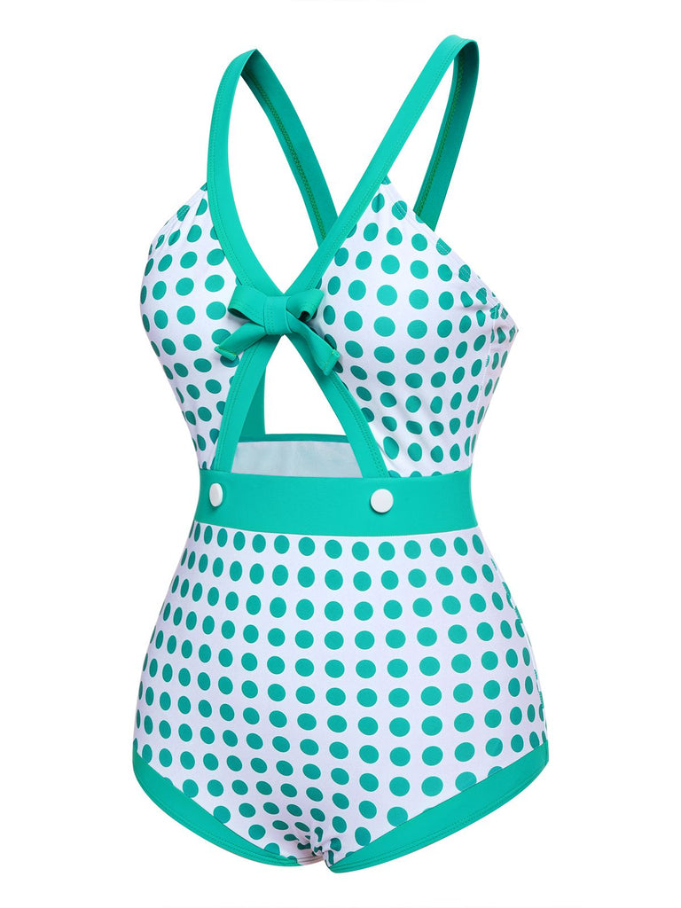 [Pre-Sale] Green 1940s Polka Dot Bowknot One-Piece Swimsuit