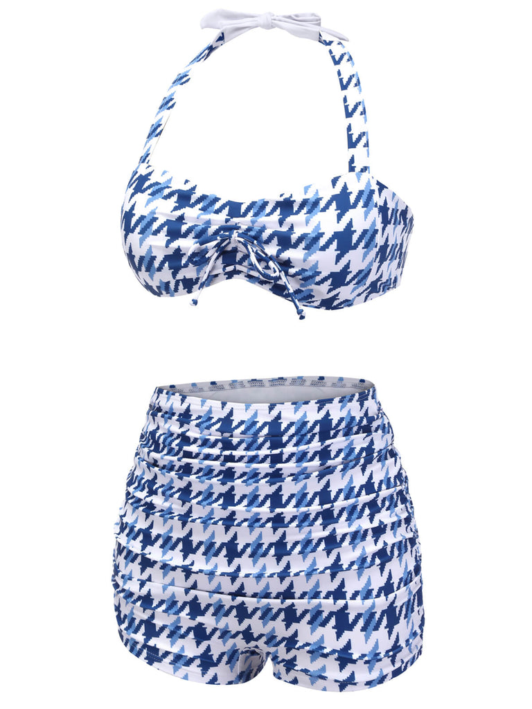 Blue 1940s Houndstooth Bow Halter Swimsuit