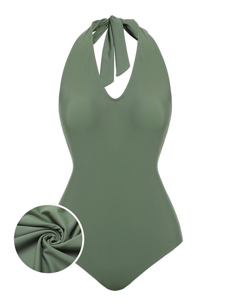 [Pre-Sale] Green 1940s Floral Halter One-Piece Swimsuit