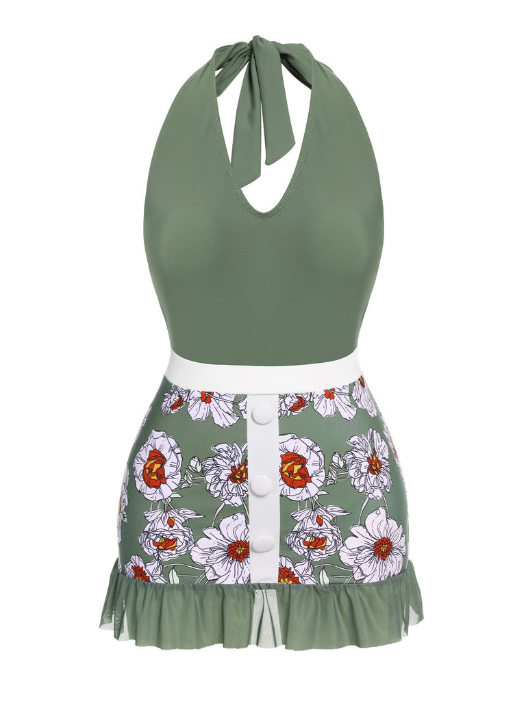 [Pre-Sale] Green 1940s Floral Halter One-Piece Swimsuit