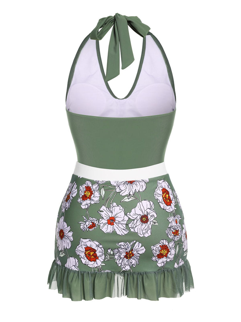 Green 1940s Floral Halter One-Piece Swimsuit