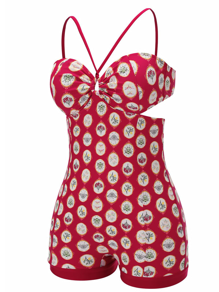 [Pre-sale] Red 1950s Strap Floral One-piece Swimsuit