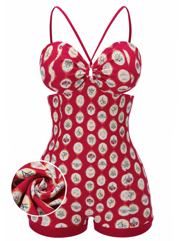 [Pre-sale] Red 1950s Strap Floral One-piece Swimsuit