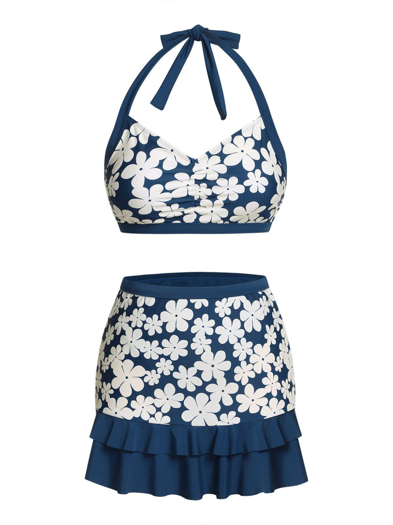 [Pre-Sale] Blue 1940s Floral Ruffles Halter Swimsuit