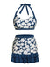 Blue 1940s Floral Ruffles Halter Swimsuit