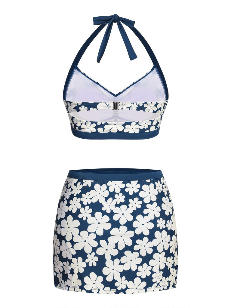 Blue 1940s Floral Ruffles Halter Swimsuit