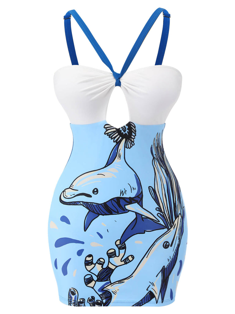 Blue 1940s Dolphin Halter One-piece Swimsuit