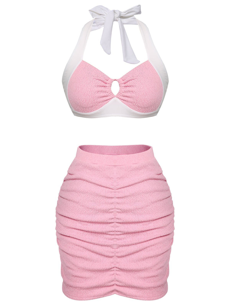 [Pre-Sale] Pink 1940s Patchwork Lace-Up Halter Swimsuit