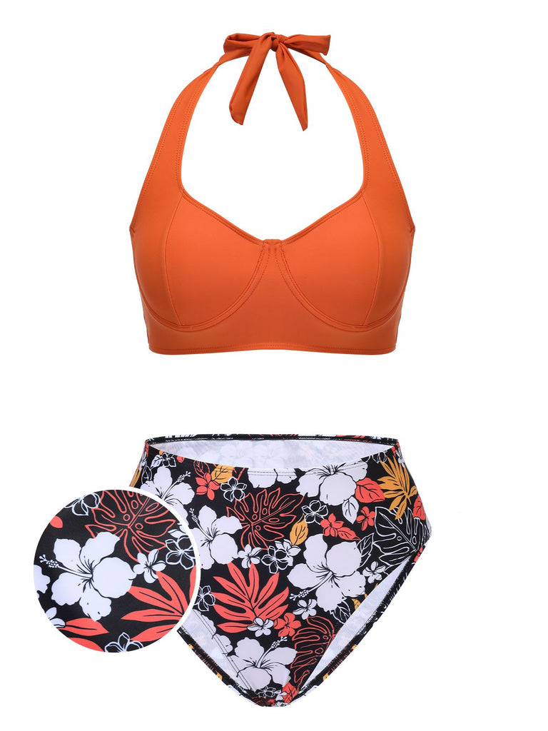 2PCS Orange 1960s Floral Halter Swimsuit & Cover-up