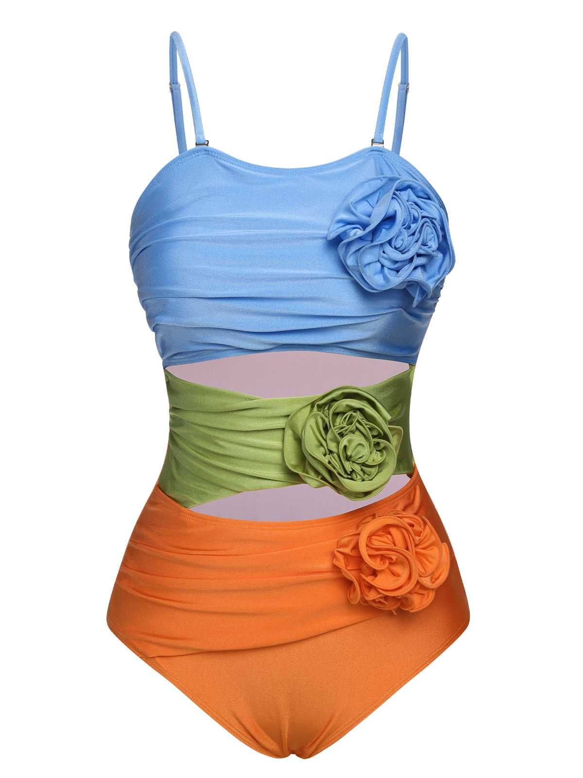 1930s Spaghetti Strap Contrast 3D Flower One-Piece Swimsuit