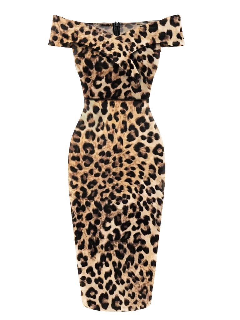 1960s Off-shoulder Leopard Pencil Dress – Retro Stage - Vintage Dresses