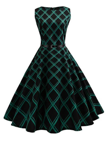 Above the Knee Polyester Vintage Back Zipper Fitted Belted Plaid Print Swing-Skirt Dress