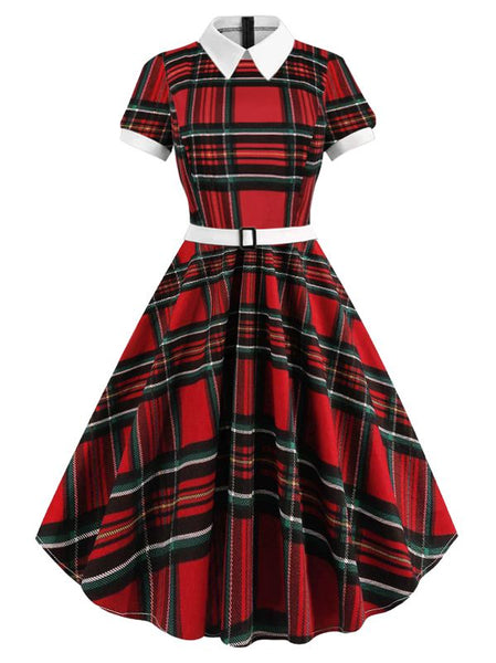 Red 1950s Plaid Convertible Collar Dress – Retro Stage - Chic Vintage ...