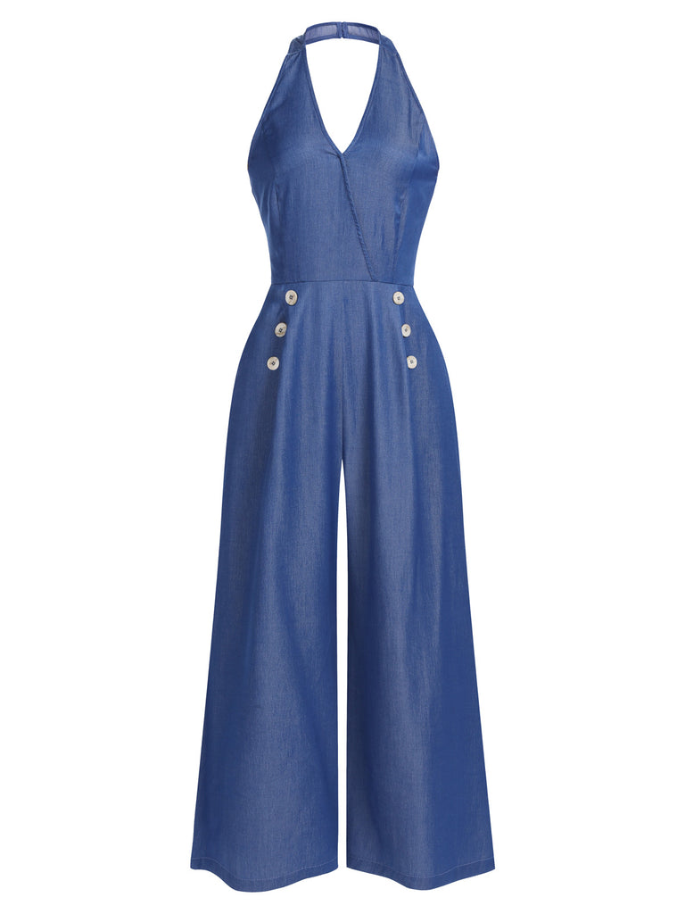 Blue 1930s Button Halter Solid Jumpsuit